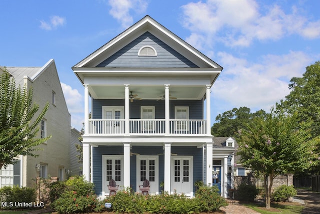 6 Fondren Green Cir, Jackson, MS 39216 - neoclassical / greek revival house with a ceiling fan, a balcony, a porch, and french doors