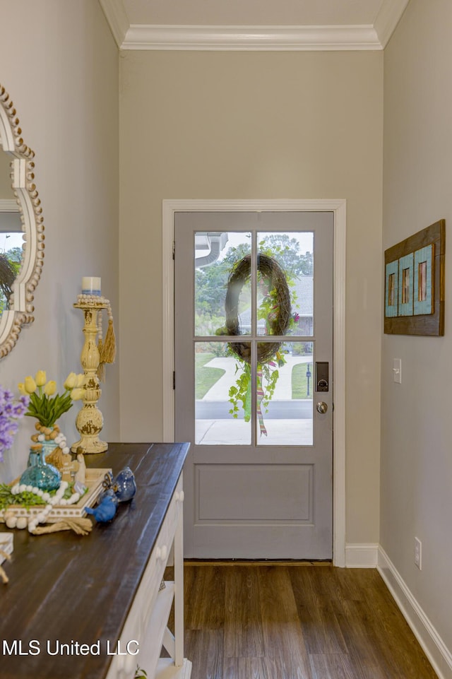 598 Westfield Dr, Pearl, MS 39208 - doorway to outside featuring crown molding and dark wood finished floors