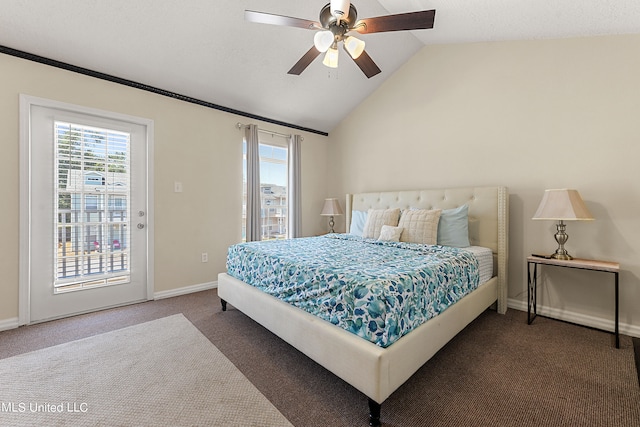 bedroom featuring ceiling fan, vaulted ceiling, dark colored carpet, and access to exterior