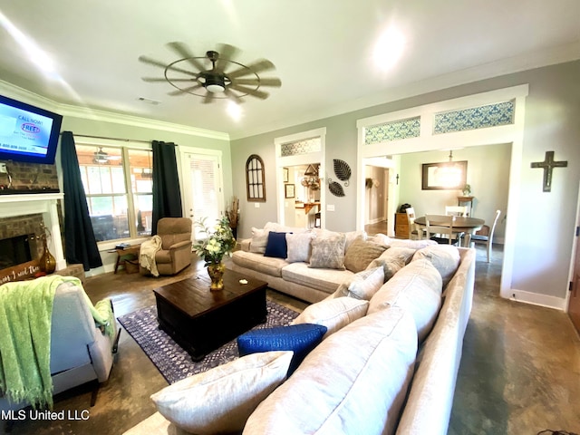 115 Pinedale Rd, Terry, MS 39170 - living area featuring ornamental molding, ceiling fan, a brick fireplace, and concrete flooring