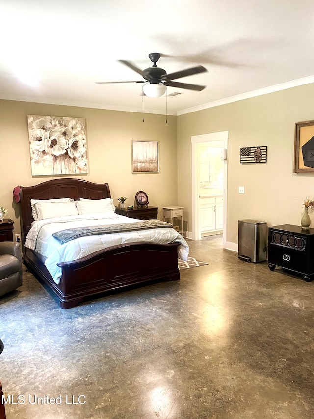 115 Pinedale Rd, Terry, MS 39170 - bedroom featuring crown molding, concrete flooring, and a ceiling fan