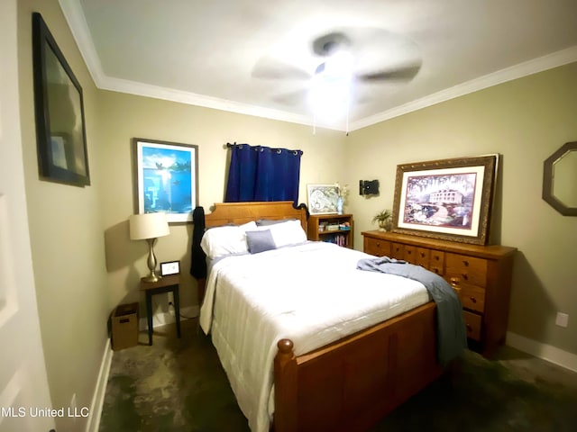 115 Pinedale Rd, Terry, MS 39170 - bedroom featuring crown molding, dark carpet, and a ceiling fan
