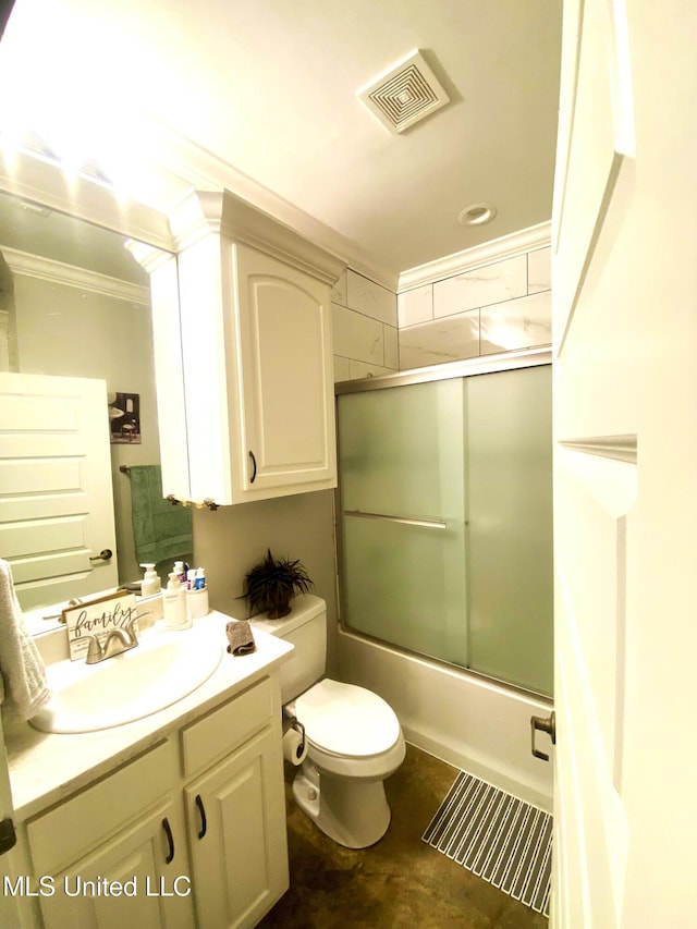 115 Pinedale Rd, Terry, MS 39170 - full bathroom featuring crown molding, vanity, bath / shower combo with glass door, and concrete flooring
