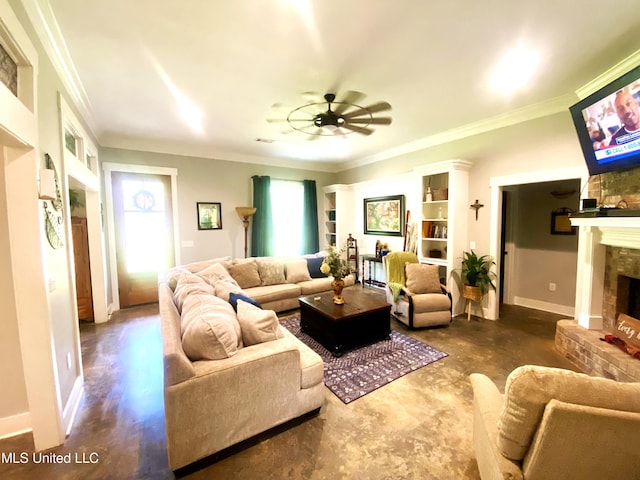 115 Pinedale Rd, Terry, MS 39170 - living area featuring a brick fireplace, ceiling fan, crown molding, and baseboards