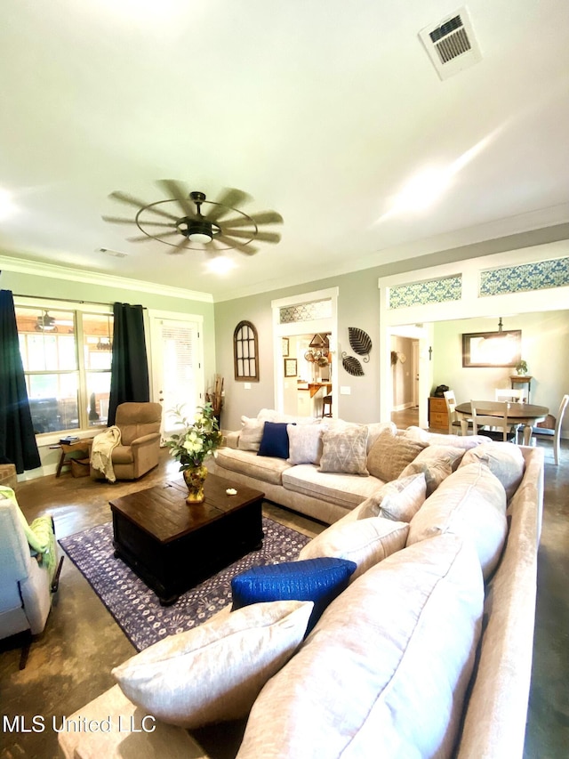 115 Pinedale Rd, Terry, MS 39170 - living room with ornamental molding, finished concrete floors, and a ceiling fan