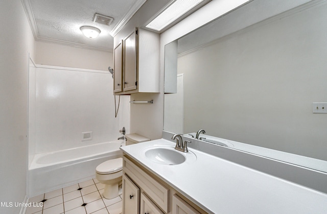 full bathroom with tile patterned floors, ornamental molding, vanity, a textured ceiling, and toilet