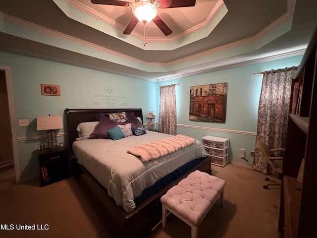 9831 Crooked Creek Blvd, Byram, MS 39272 - bedroom with a tray ceiling, carpet flooring, ornamental molding, and ceiling fan