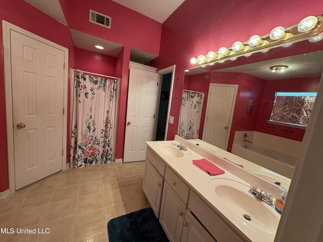 9831 Crooked Creek Blvd, Byram, MS 39272 - bathroom featuring a bath, double vanity, a shower with curtain, and tile patterned flooring