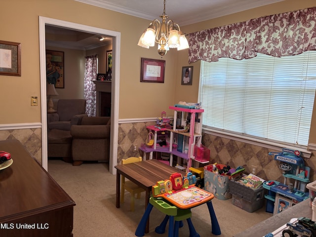 9831 Crooked Creek Blvd, Byram, MS 39272 - rec room with crown molding, a chandelier, a wainscoted wall, and carpet flooring