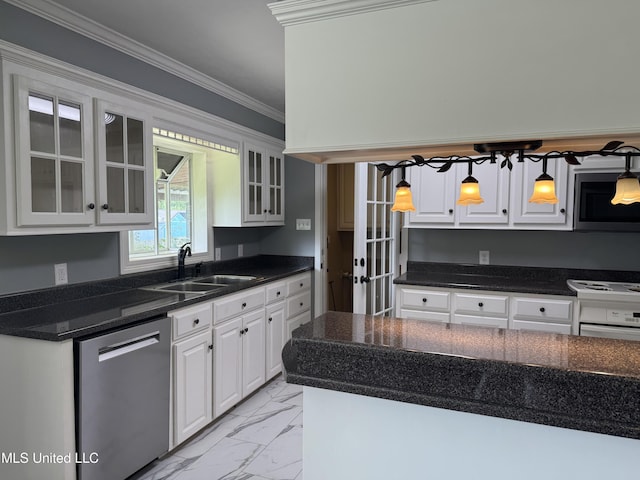 kitchen with crown molding, marble finish floor, white cabinetry, a sink, and appliances with stainless steel finishes