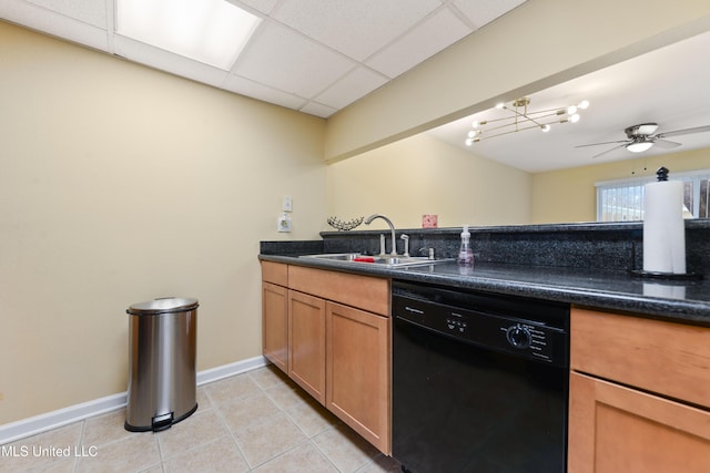3230 Cumberand Rd Unit 56, Ocean Springs, MS 39564 - kitchen featuring black dishwasher, light tile patterned floors, a sink, dark countertops, and ceiling fan