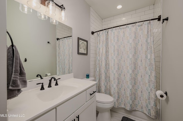 5267 Reserve Way, Hernando, MS 38632 - bathroom featuring toilet, recessed lighting, shower / tub combo with curtain, vanity, and tile patterned floors