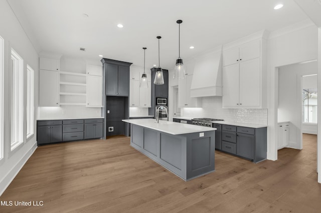 kitchen with light countertops, an island with sink, custom exhaust hood, and white cabinets