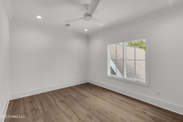 unfurnished room featuring recessed lighting, baseboards, ceiling fan, and light wood finished floors