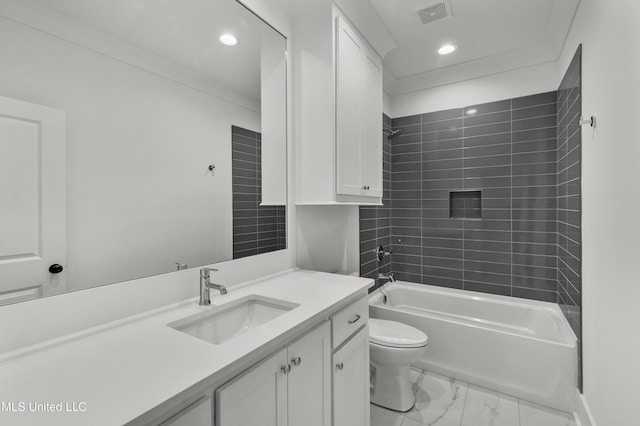 bathroom with marble finish floor, shower / bath combination, visible vents, toilet, and vanity