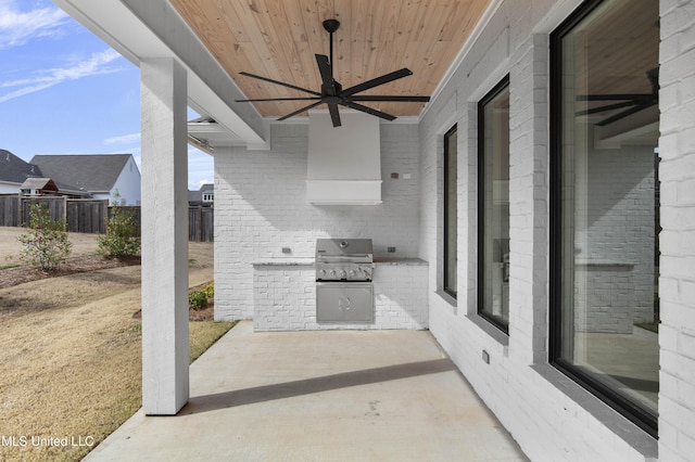 view of patio / terrace with ceiling fan, grilling area, area for grilling, and fence