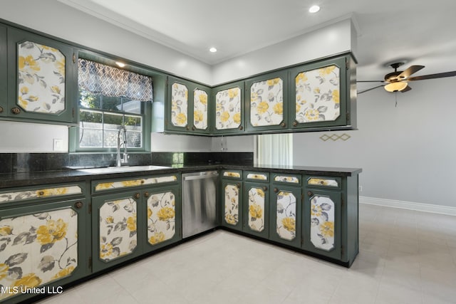 kitchen featuring dishwasher, sink, ceiling fan, ornamental molding, and kitchen peninsula