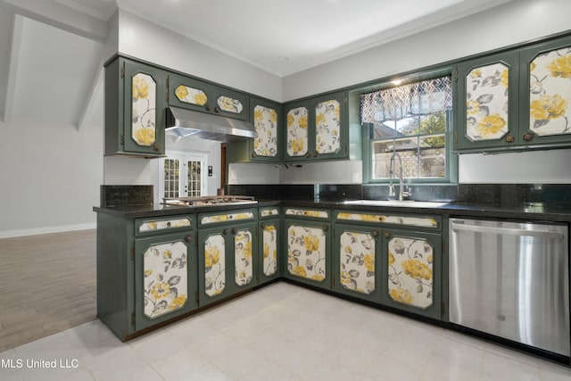 kitchen featuring appliances with stainless steel finishes, light wood-type flooring, ornamental molding, sink, and range hood