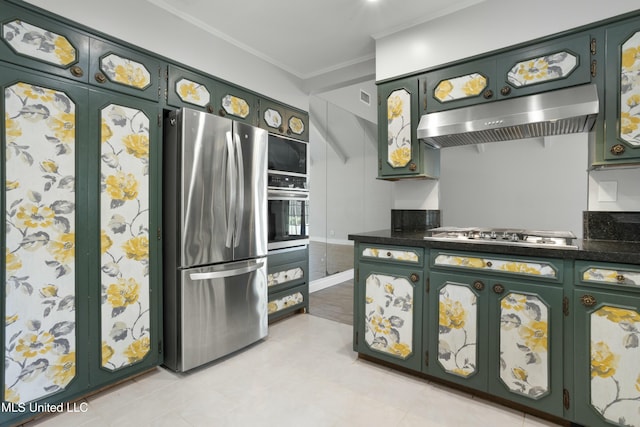 kitchen featuring ventilation hood, ornamental molding, green cabinetry, and appliances with stainless steel finishes