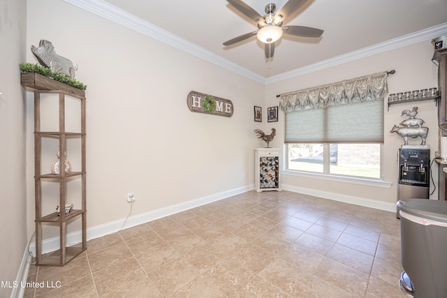 unfurnished living room with ceiling fan, ornamental molding, and light tile patterned flooring