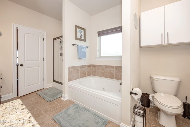 bathroom with shower with separate bathtub and toilet