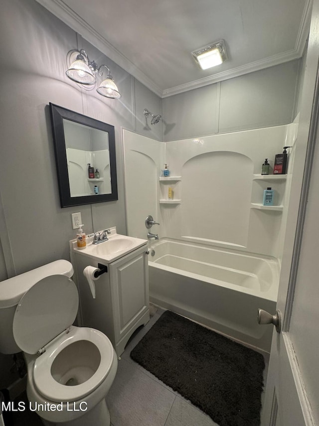 bathroom with toilet, shower / washtub combination, vanity, and crown molding