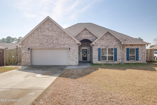 view of front facade with a garage, a shingled roof, concrete driveway, fence, and brick siding