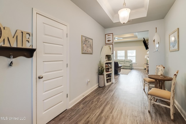 hallway with baseboards, a raised ceiling, and dark wood finished floors