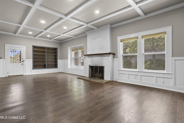 208 Washington Ave, Ocean Springs, MS 39564 - unfurnished living room with coffered ceiling, a decorative wall, recessed lighting, a fireplace, and wood finished floors