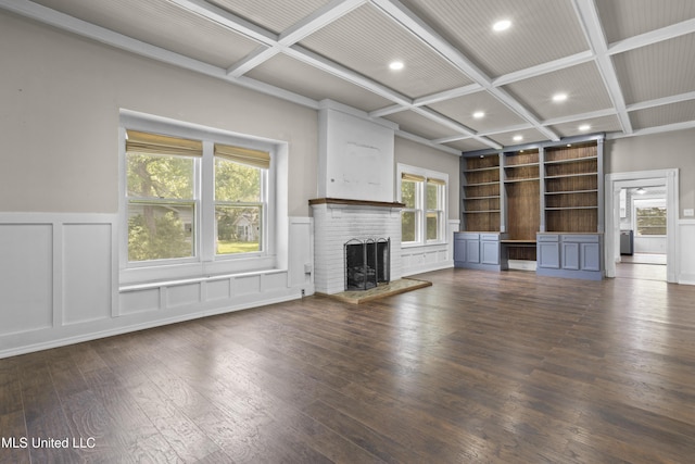208 Washington Ave, Ocean Springs, MS 39564 - unfurnished living room with coffered ceiling, a decorative wall, hardwood / wood-style flooring, built in shelves, and recessed lighting
