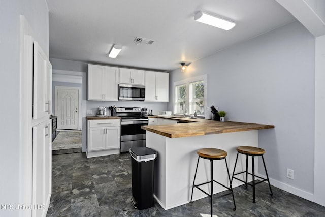 kitchen with wooden counters, a breakfast bar area, kitchen peninsula, white cabinetry, and appliances with stainless steel finishes