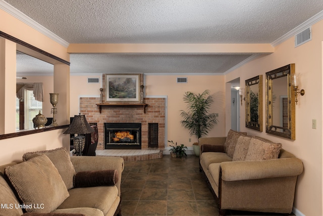 living room with crown molding, a textured ceiling, and a fireplace