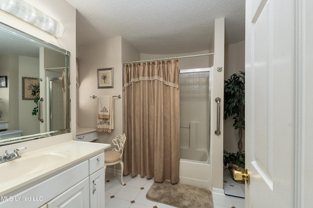 bathroom featuring vanity, a textured ceiling, and shower / tub combo