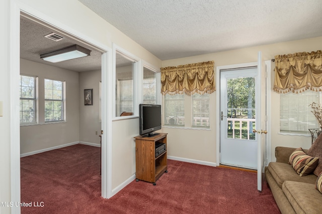 carpeted living room with a textured ceiling