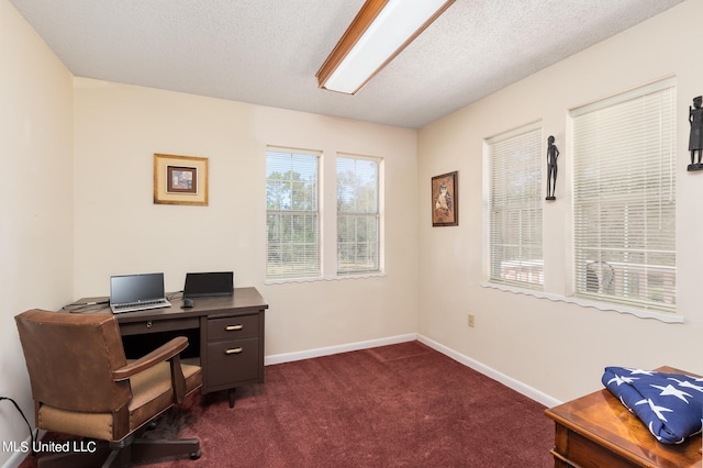 carpeted office space with a textured ceiling