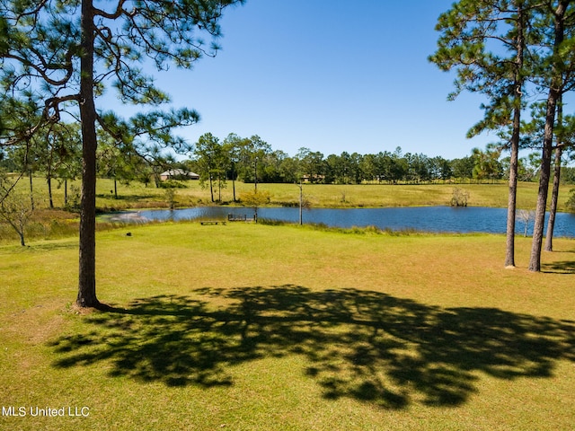 surrounding community with a water view and a yard