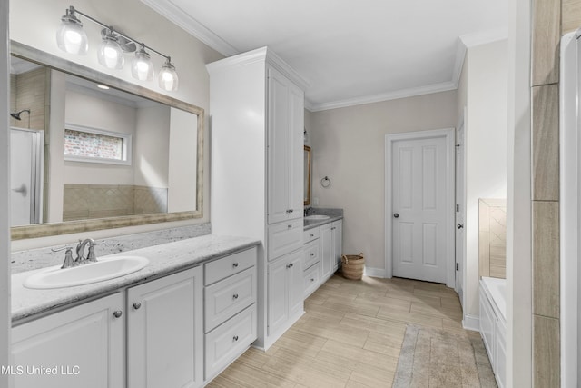 bathroom featuring plus walk in shower, vanity, and ornamental molding