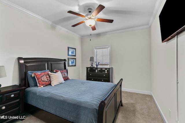 bedroom featuring ceiling fan, light colored carpet, and ornamental molding