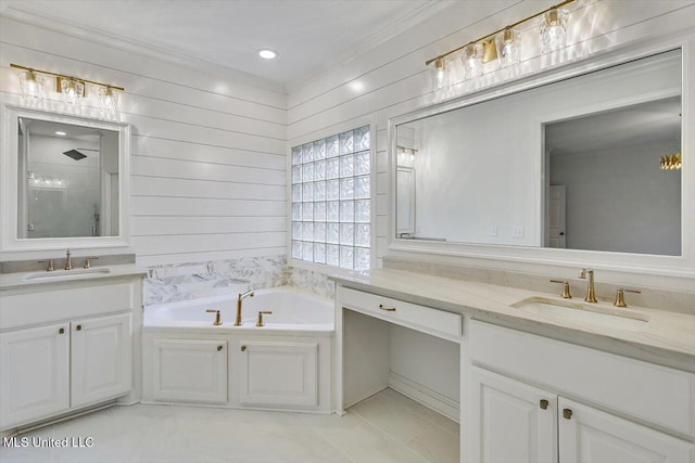 bathroom with shower with separate bathtub, vanity, and crown molding