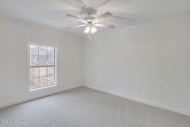 carpeted empty room featuring ornamental molding and ceiling fan