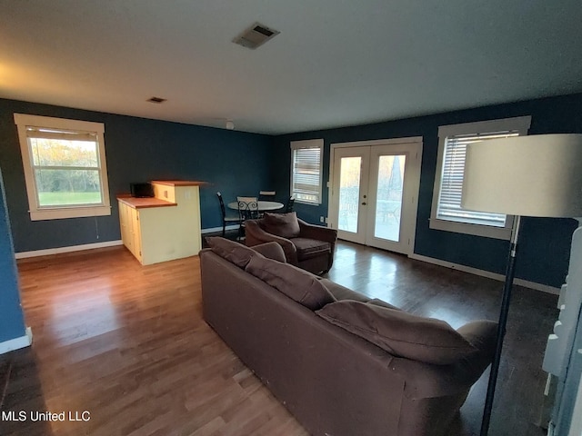 living room with hardwood / wood-style flooring, a wealth of natural light, and french doors