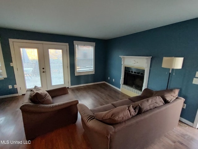 living room with french doors and wood-type flooring