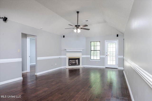 7488 Hickory Estates Dr, Walls, MS 38680 - unfurnished living room featuring visible vents, lofted ceiling, a fireplace, hardwood / wood-style floors, and a ceiling fan