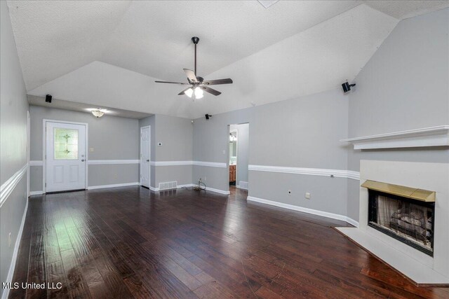 7488 Hickory Estates Dr, Walls, MS 38680 - unfurnished living room featuring visible vents, a fireplace with flush hearth, a ceiling fan, and lofted ceiling