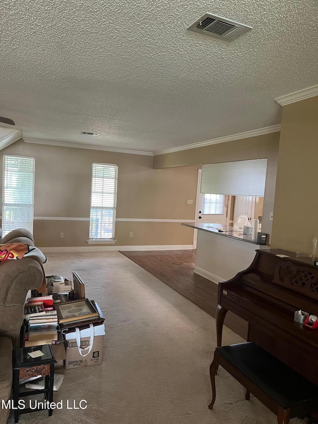 living area with carpet, a textured ceiling, baseboards, ornamental molding, and visible vents
