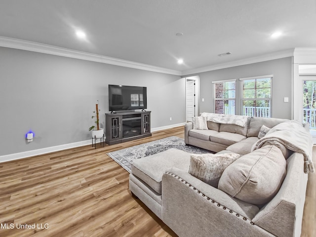 16814 W Landon Green Dr, Gulfport, MS 39503 - living room featuring ornamental molding, light wood-style flooring, recessed lighting, and a fireplace