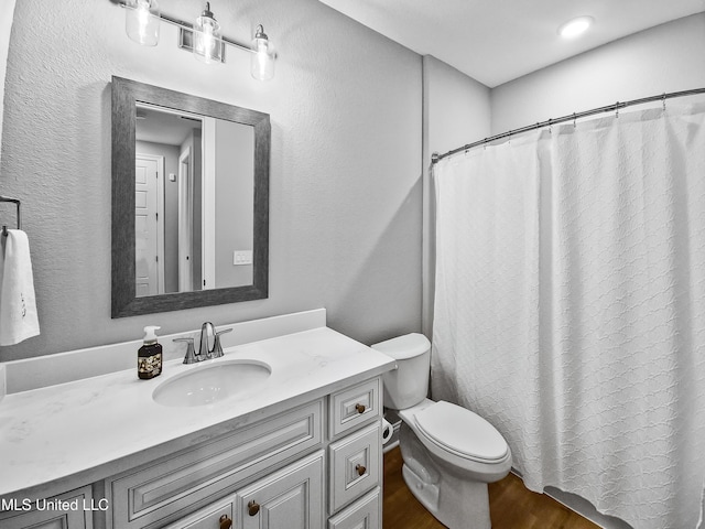 16814 W Landon Green Dr, Gulfport, MS 39503 - bathroom featuring vanity, wood finished floors, a textured wall, and a shower with shower curtain