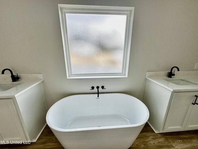 bathroom with a tub, hardwood / wood-style flooring, and vanity