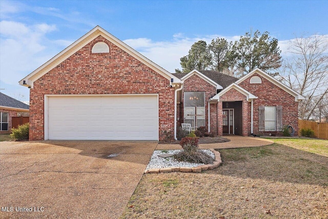 single story home with concrete driveway, an attached garage, fence, a front lawn, and brick siding