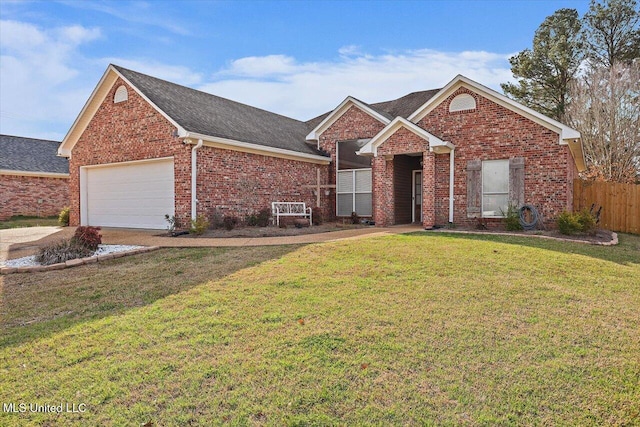 ranch-style home featuring brick siding, roof with shingles, an attached garage, fence, and a front yard